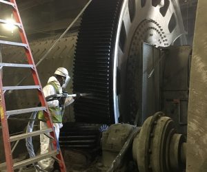 Large gear in cement manufacturing being dry ice blast cleaned